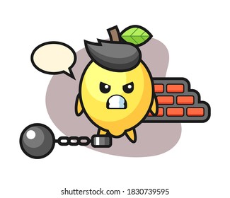 Character mascot of lemon as a prisoner