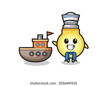Character mascot of light bulb as a sailor man , cute style design for t shirt, sticker, logo element