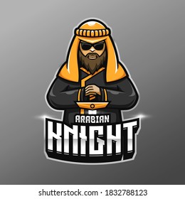 Character mascot logo. arabian man carry sword in style. arab character vector illustration