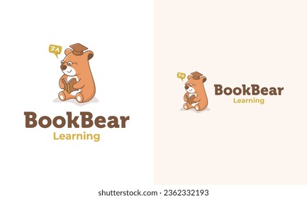 character mascot logo style. a brown bear reading the book