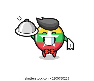 Character mascot of myanmar flag badge as a waiters , cute design