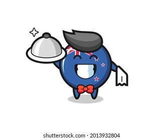 Character mascot of new zealand flag badge as a waiters , cute style design for t shirt, sticker, logo element