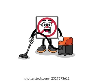 Character mascot of no left turn road sign holding vacuum cleaner , character design