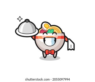 Character mascot of noodle bowl as a waiters , cute style design for t shirt, sticker, logo element