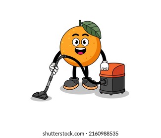 Character mascot of orange fruit holding vacuum cleaner , character design