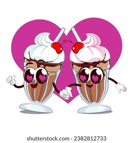 character mascot of a pair of milkshake glasses in love with cute faces holding hands in front of a big pink heart, isolated cartoon vector illustration. emoticon, mascot of a cute pair of milkshake g