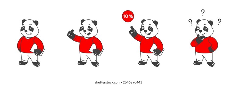 Character mascot panda in red t-shirt with different emotions for business. Thinks and analyzes, attention action, reliable. Vector illustration.