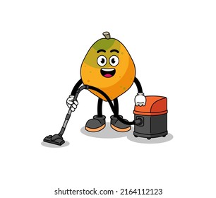 Character mascot of papaya fruit holding vacuum cleaner , character design