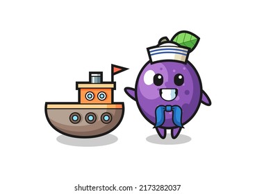 Character mascot of passion fruit as a sailor man , cute style design for t shirt, sticker, logo element