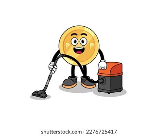 Character mascot of philippine peso holding vacuum cleaner , character design