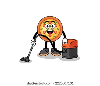 Character mascot of pizza holding vacuum cleaner , character design
