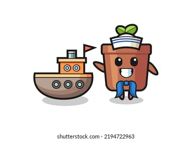 Character mascot of plant pot as a sailor man , cute style design for t shirt, sticker, logo element