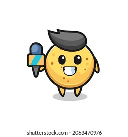 Character mascot of potato chip as a news reporter , cute design