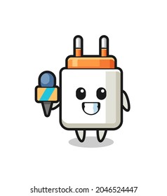 Character mascot of power adapter as a news reporter , cute design