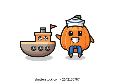 Character mascot of pumpkin as a sailor man , cute design