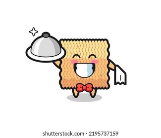 Character mascot of raw instant noodle as a waiters , cute style design for t shirt, sticker, logo element