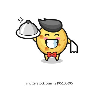 Mascota de caracteres de queso redondo como camareros , diseño de estilo lindo para camiseta, pegatina, elemento logotipo