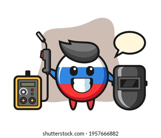 Character mascot of russia flag badge as a welder, cute style design for t shirt, sticker, logo element