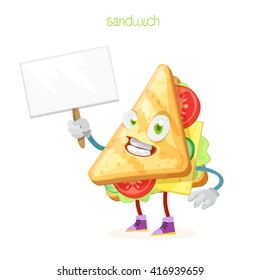 character mascot sandwich cheerful holding a tablet for text