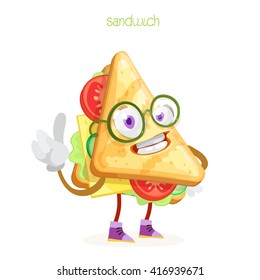 character mascot sandwich with glasses showing forefinger up