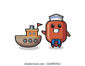 Character mascot of sausage as a sailor man , cute design