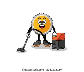Character mascot of saw blade holding vacuum cleaner , character design