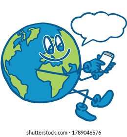 Character Mascot smile globe is holding a smartphone