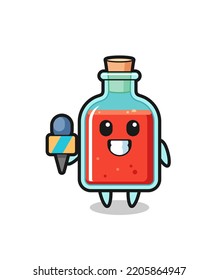 Mascota de caracteres de botella de veneno cuadrado como reportero de noticias, diseño lindo