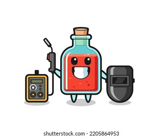 Character mascot of square poison bottle as a welder , cute design