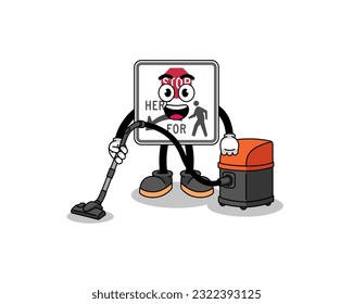 Character mascot of stop here for pedestrians holding vacuum cleaner , character design