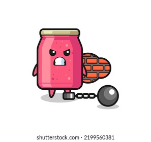 Character mascot of strawberry jam as a prisoner , cute design
