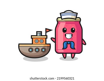 Character mascot of strawberry jam as a sailor man , cute design