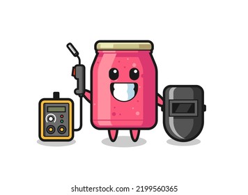 Character mascot of strawberry jam as a welder , cute design