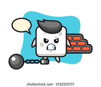 Character mascot of sugar cube as a prisoner