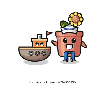 Character mascot of sunflower pot as a sailor man , cute style design for t shirt, sticker, logo element