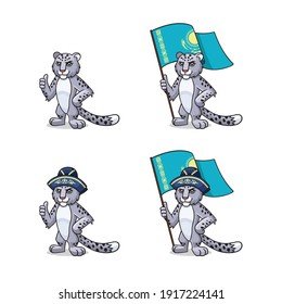 Character, mascot, symbol, sign of Kazakhstan. Snow Leopard - Irbis  is in traditional oriental, kazakh hat and with Kazakhstan's flag. 