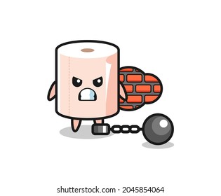Mascota de caracteres del rollo de tejidos como prisionero, diseño lindo