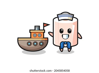 Character mascot of tissue roll as a sailor man , cute design