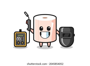 Character mascot of tissue roll as a welder , cute design