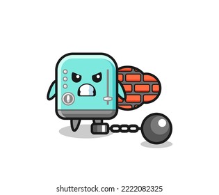 Character mascot of toaster as a prisoner , cute design