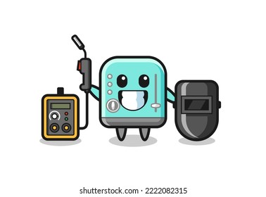 Character mascot of toaster as a welder , cute design