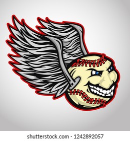 Character mascot with tricky smiling winged baseball ball. Sport team or championship mascot