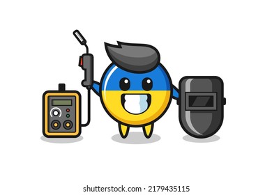 Character mascot of ukraine flag badge as a welder , cute style design for t shirt, sticker, logo element