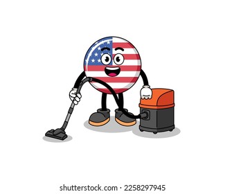 Character mascot of united states flag holding vacuum cleaner , character design