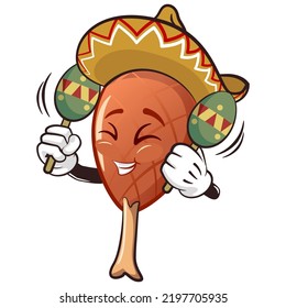 character mascot vector cartoon illustration of grilled chicken thigh wearing sombrero with playing maracas 