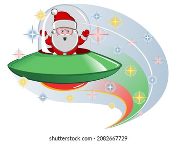 character mascot vector, cute santa claus driving around in UFO plane