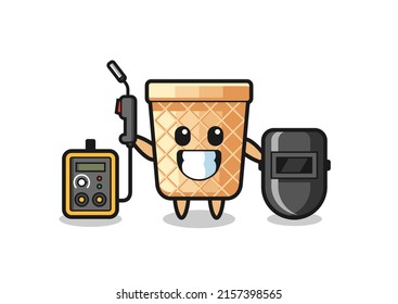 Character mascot of waffle cone as a welder , cute design