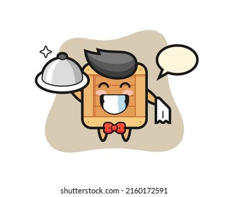 Character mascot of wooden box as a waiters , cute style design for t shirt, sticker, logo element