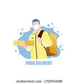 Character in mask, food delivery man, with pizza in hand and a backpack behind