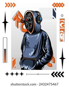 character with mask and VR gear brutalism vector